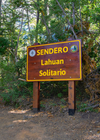 Lahuan solitario path signpost at los alerces national park, a world heritage site located in chubut province, patagonia, argentinaの写真素材
