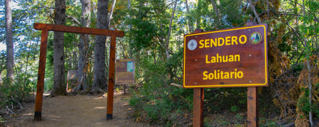 Lahuan solitario path signpost at los alerces national park, a world heritage site located in chubut province, patagonia, argentinaの写真素材