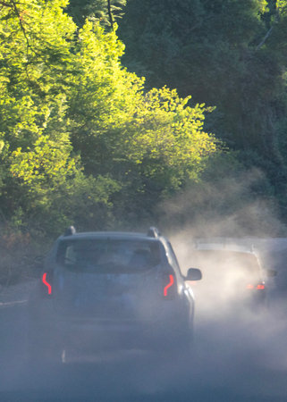 Car point of view of dust dirt road at los alerces national park, a world heritage site located in chubut province, patagonia, argentinaの写真素材