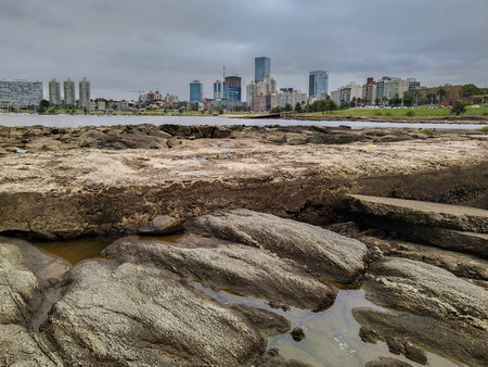 Landscape day scne at rocky small islet called "isla del mono" located in buceo neighborhood, montevideo city, uruguayの写真素材