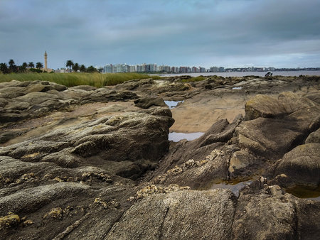 Landscape day scne at rocky small islet called "isla del mono" located in buceo neighborhood, montevideo city, uruguayの写真素材