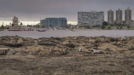 Landscape day scne at rocky small islet called "isla del mono" located in buceo neighborhood, montevideo city, uruguayの写真素材