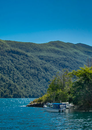 Boat in the middle of lake, los alerces national park, a world heritage site located in chubut province, patagonia, argentinaの写真素材