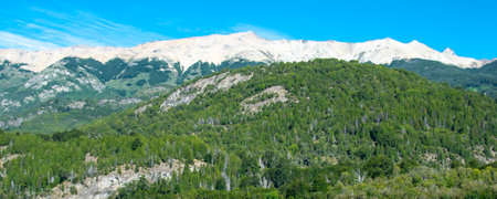 Panoramic snowy andes mountinas, los alerces national park, chubut province, patagonia, argentinaの写真素材