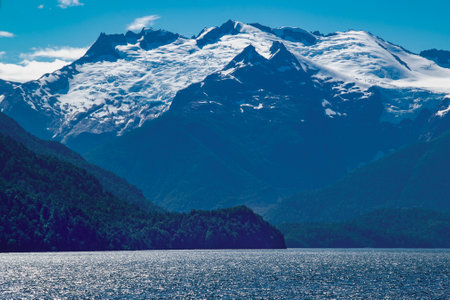 Lake and mountain with glacier at top, los alerces national park, a world heritage site located in chubut province, patagonia, argentinaの写真素材