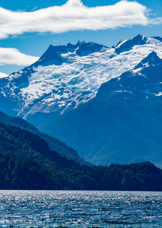 Lake and mountain with glacier at top, los alerces national park, a world heritage site located in chubut province, patagonia, argentinaの写真素材