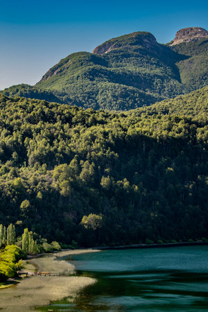 Quiet lake and forest at background landscape at los alerces national park, a world heritage site located in chubut province, patagonia, argentinaの写真素材