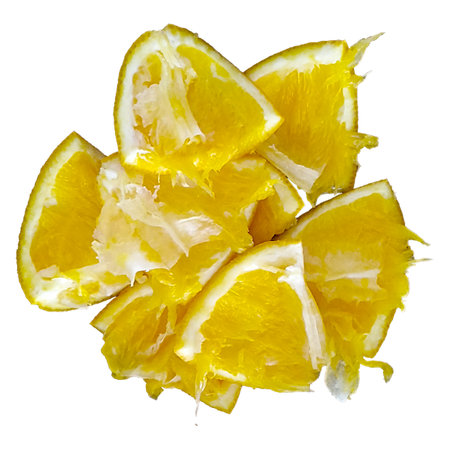 High angle view cut orange slices isolated photoの写真素材