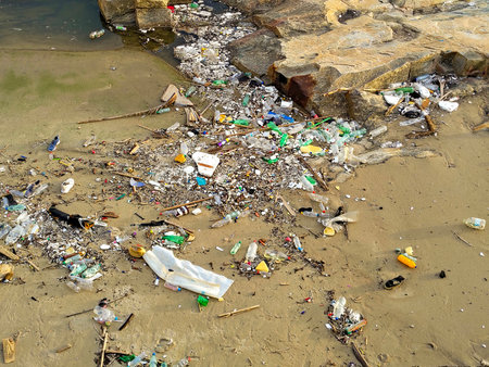 Aerial view of a rocky beach covered in litter, ciudad vieja, montevideo, uruguayの写真素材