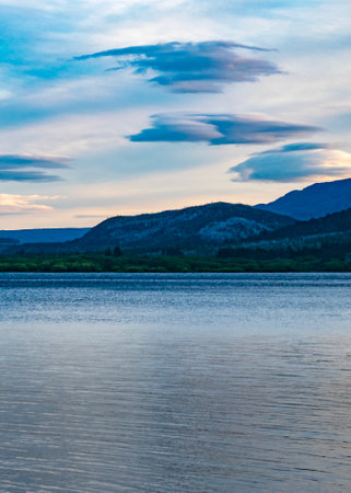 Lake and small mountains at los alerces national park, a world heritage site located in chubut province, patagonia, argentinaの写真素材