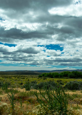 Steppe patagonia landscape and mountains range at background, cushamen department, chubut province, argentinaの写真素材