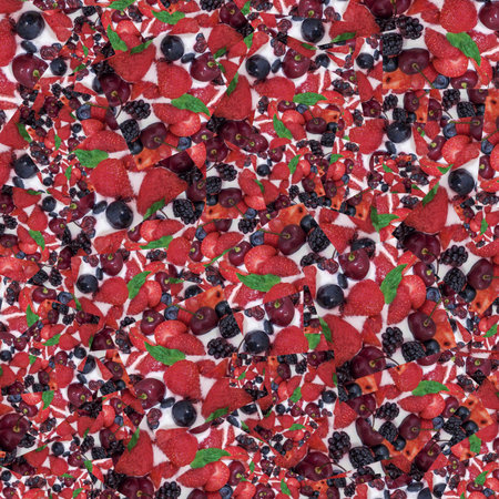 Cake topped with a variety of fresh berries random colred patternの写真素材