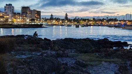 Rocky border and port at background night landscape scene at punta del este city, maldonado...