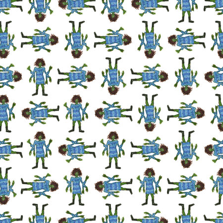 Monster woman hand drawn illustration motif blue and white colors random pattern design backgroundの写真素材