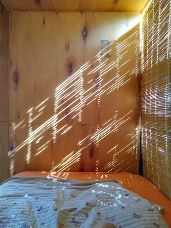 A cozy wooden room with sunlight filtering through a window, casting warm patterns on the walls and bed.の写真素材