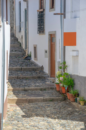 Branganza, Portugal: August 11 2023: Eye-level view of a narrow street of historic center of...