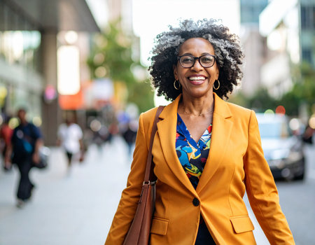 Front view medium shot photo of a black woman in her 40s walking confidently down a city street in a bold, colorful outfit.の素材