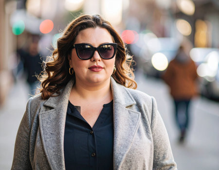 Front view medium shot photo of a plus-size woman walking at street wearing a bold, modern outfit with oversized sunglasses and confident posture.の素材