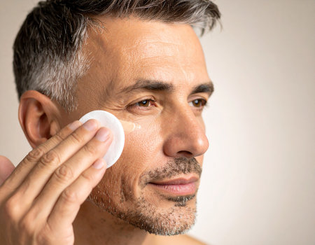 Close-up photo of a mature man with light brown skin applying liquid foundation under one eye using a sponge.の素材