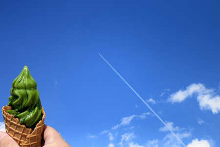 Matcha soft serve ice cream and airplane clouds
