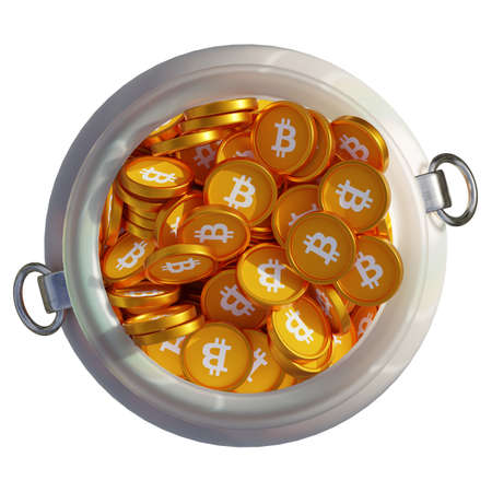 Bitcoin (BTC) in 3D crypto coin saving bank with stack coins on isolated background. save money financial earning management cost reduction deposit economy glass pot 3d render. illustrationの写真素材
