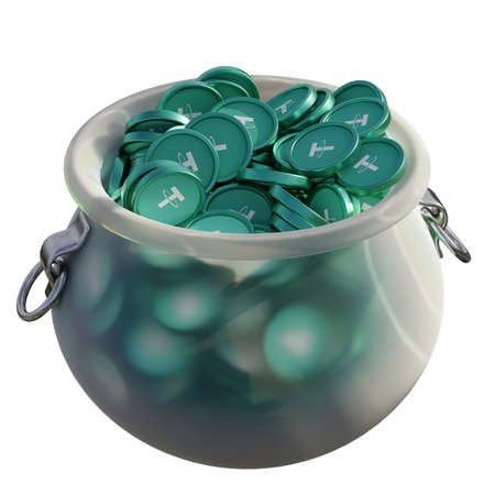Tether (USDT) in 3D crypto coin saving bank with stack coins on isolated background. save money financial earning management cost reduction deposit economy glass pot 3d render. illustrationの写真素材