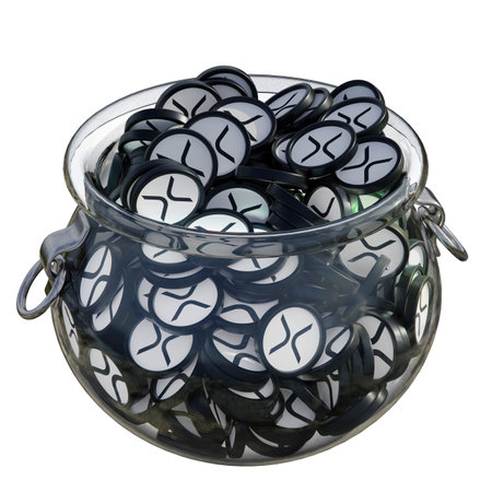 XRP (XRP) in 3D crypto coin saving bank with stack coins on isolated background. save money financial earning management cost reduction deposit economy glass pot 3d render. illustrationの写真素材