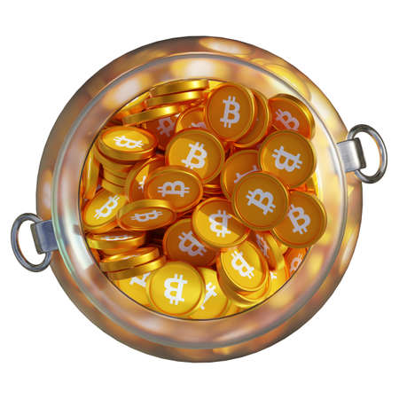 Bitcoin (BTC) in 3D crypto coin saving bank with stack coins on isolated background. save money financial earning management cost reduction deposit economy glass pot 3d render. illustrationの写真素材