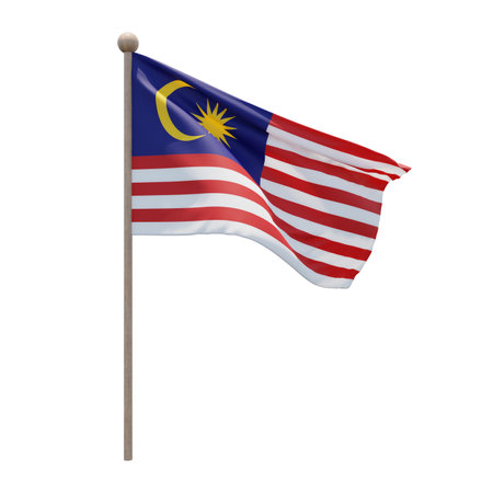Malaysia 3d illustration flag on pole. Wood flagpoleの写真素材