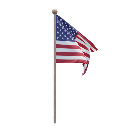 United States 3d illustration flag on pole. Wood flagpole