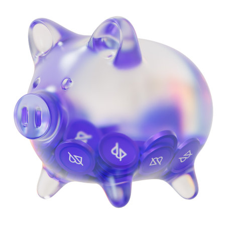 Band Protocol (BAND) Clear Glass piggy bank with decreasing piles of crypto coins. Saving inflation, financial crisis, and losing money concept. 3d illustrationの写真素材