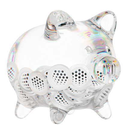 Ocean Protocol (OCEAN) Clear Glass piggy bank with decreasing piles of crypto coins. Saving inflation, financial crisis, and losing money concept. 3d illustrationの写真素材