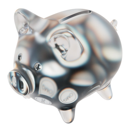 OMG Network (OMG) Clear Glass piggy bank with decreasing piles of crypto coins. Saving inflation, financial crisis, and losing money concept. 3d illustrationの写真素材