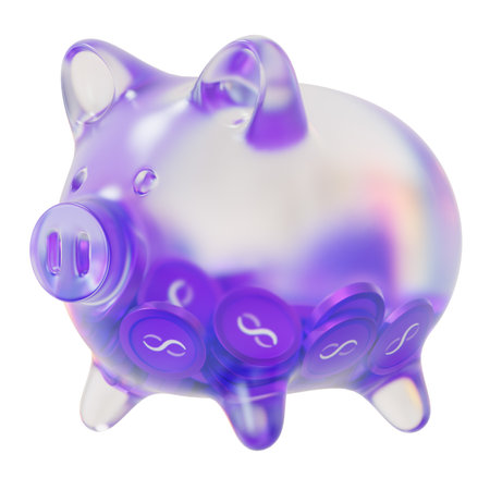 SingularityNET (AGIX) Clear Glass piggy bank with decreasing piles of crypto coins. Saving inflation, financial crisis, and losing money concept. 3d illustrationの写真素材