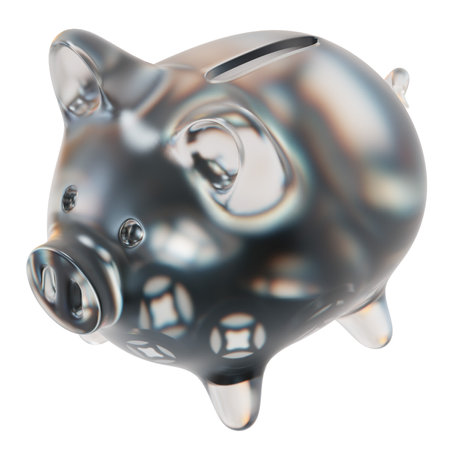 Stargate Finance (STG) Clear Glass piggy bank with decreasing piles of crypto coins. Saving inflation, financial crisis, and losing money concept. 3d illustrationの写真素材