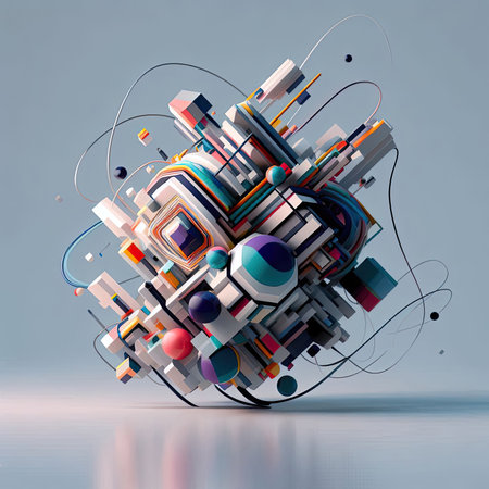Abstract geometric composition, 3d render, square shapes, circles and linesの素材