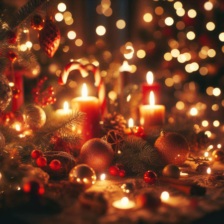 Christmas decoration with burning candles, gingerbread house, Christmas tree and bokeh background.の素材