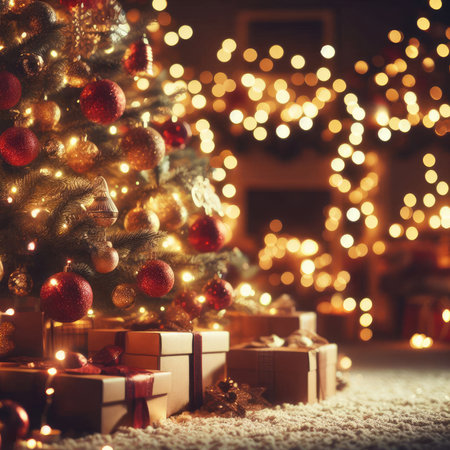 Christmas decoration with burning candles, gingerbread house, Christmas tree and bokeh background.の素材