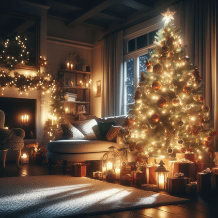 Christmas decoration with burning candles, gingerbread house, Christmas tree and bokeh background.の素材