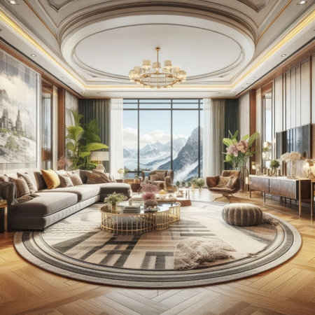 Luxury living room interior with sofa, coffee table, bookshelf and carpet. 3d renderの素材