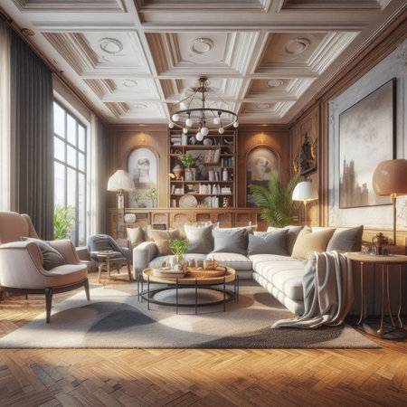 Luxury living room interior with sofa, coffee table, bookshelf and carpet. 3d renderの素材