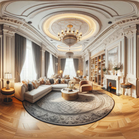 Luxury living room interior with sofa, coffee table, bookshelf and carpet. 3d renderの素材