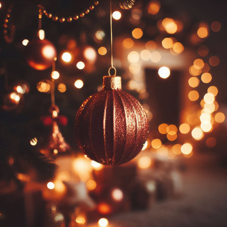 Christmas decoration with burning candles, gingerbread house, Christmas tree and bokeh background.の素材