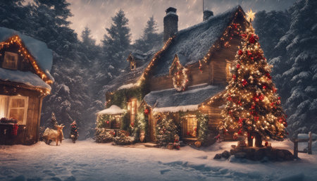 Christmas decoration with burning candles, gingerbread house, Christmas tree and bokeh background.の素材