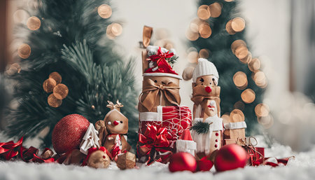 Christmas decoration with burning candles, gingerbread house, Christmas tree and bokeh background.の素材