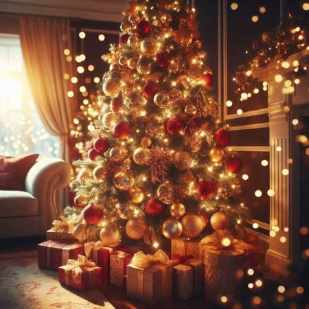 Christmas decoration with burning candles, gingerbread house, Christmas tree and bokeh background.の素材