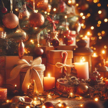 Christmas decoration with burning candles, gingerbread house, Christmas tree and bokeh background.の素材