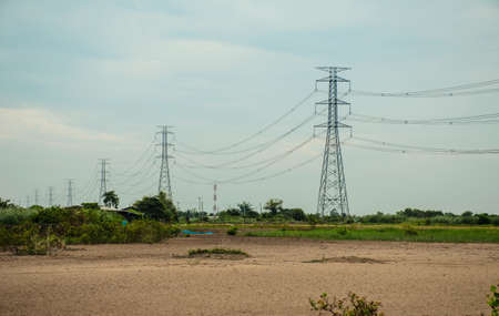 electricity post on the groundの写真素材