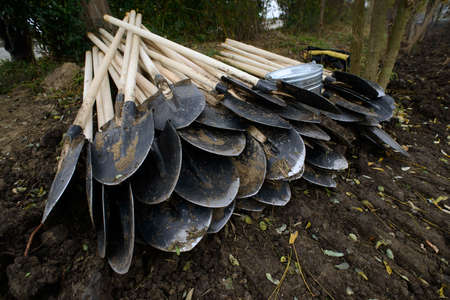 shovels on the groundの写真素材