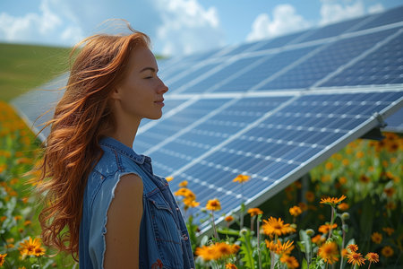 Young red-haired woman standing in front of solar panels in the field.の素材